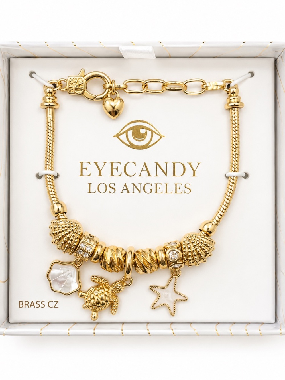 Eye Candy Gold Coastal Bracelet with Turtle, Starfish, Shell Charms - Luxe Beach